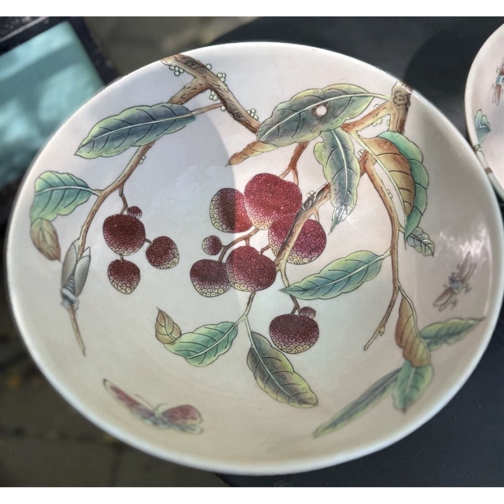 Vintage Chinoiserie Porcelain Fruit Bowl Butterfly Berry Botanical Large - Picture 3 of 12